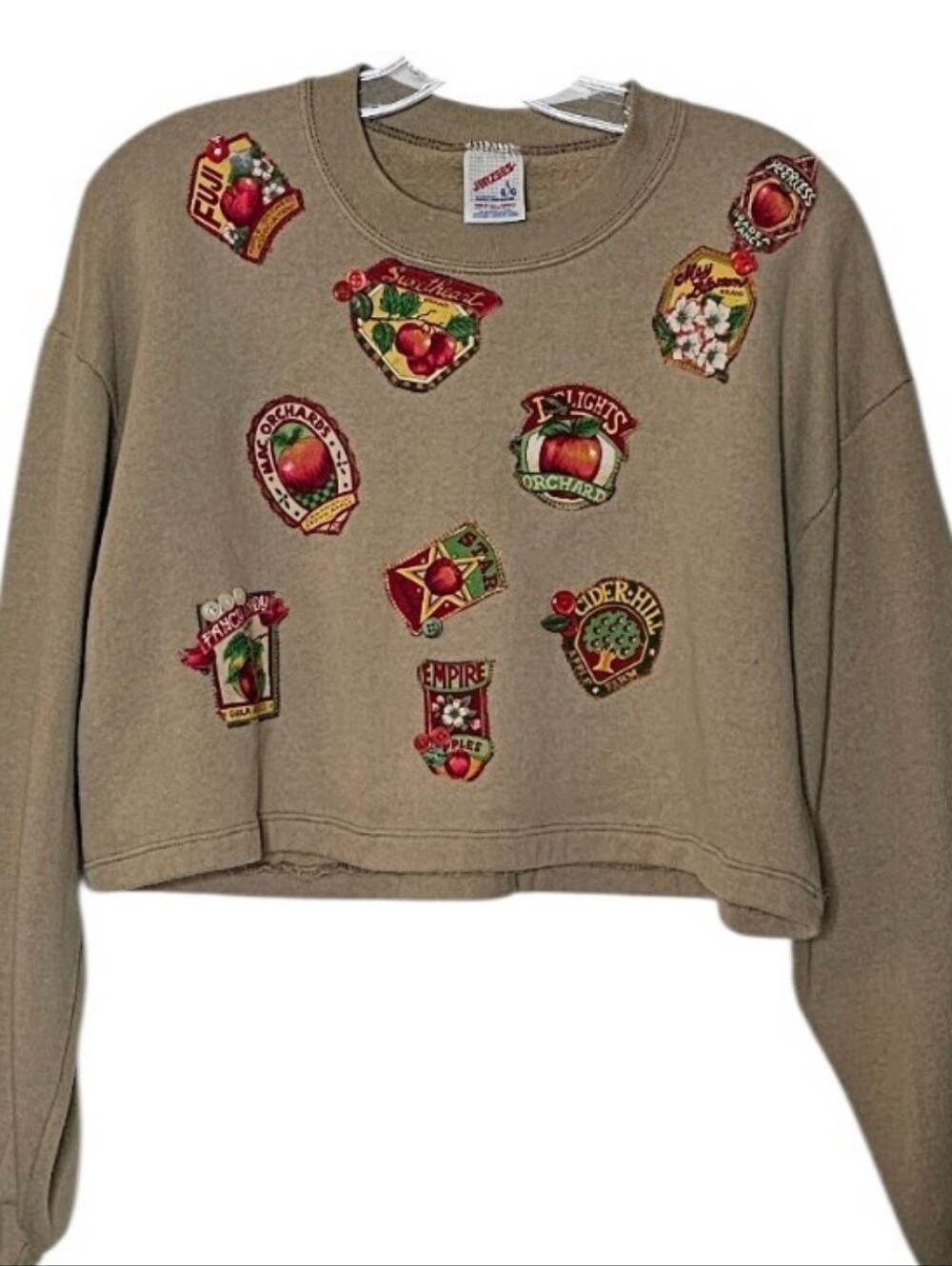 Vintage Beige Crewneck Long Sleeve Crop Sweater Apple Orchard Patchwork Large